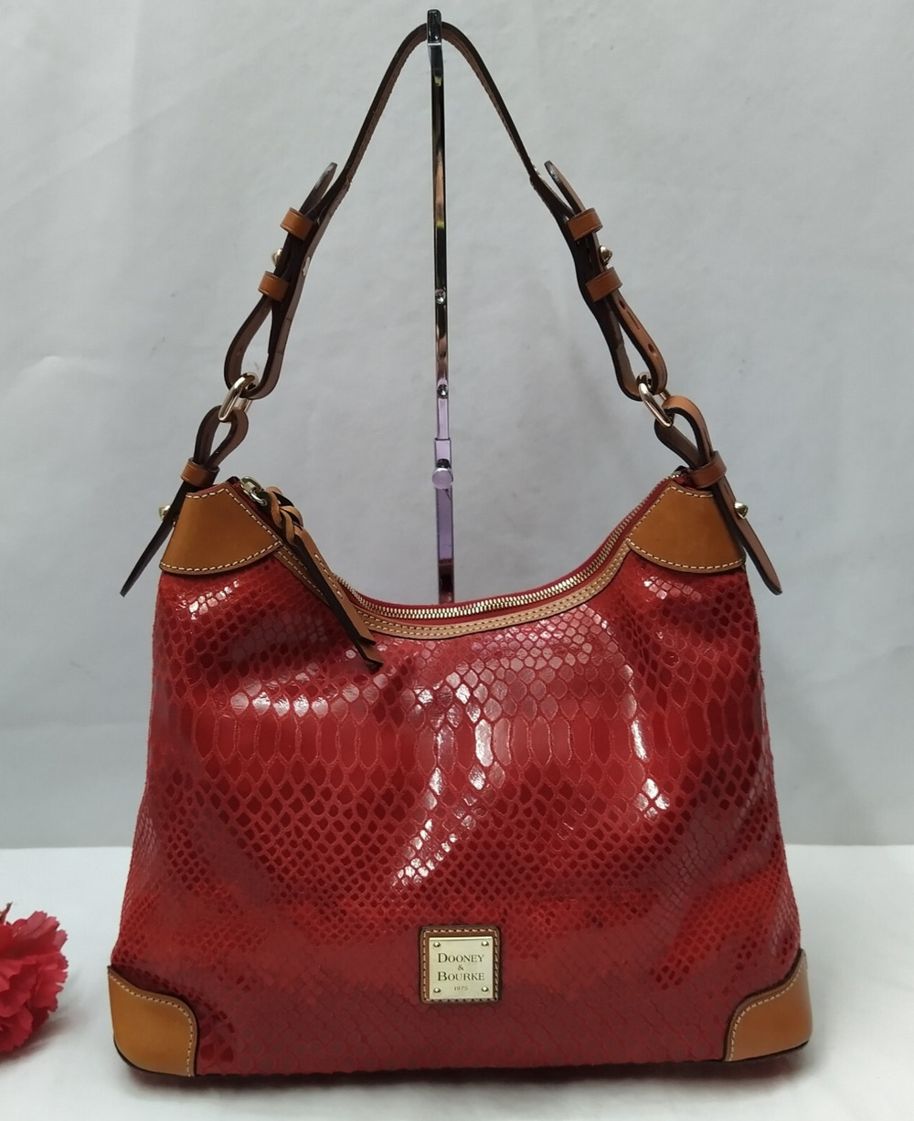 Dooney & Bourke Red Leather Snakeskin Embossed Zipper Hobo Shoulder Bag